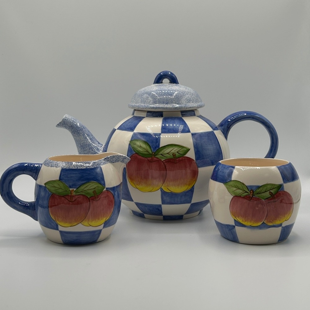 The Zrike Company Orchard Teapot Creamer Sugar Set Blue Checkerboard Cottagecore
